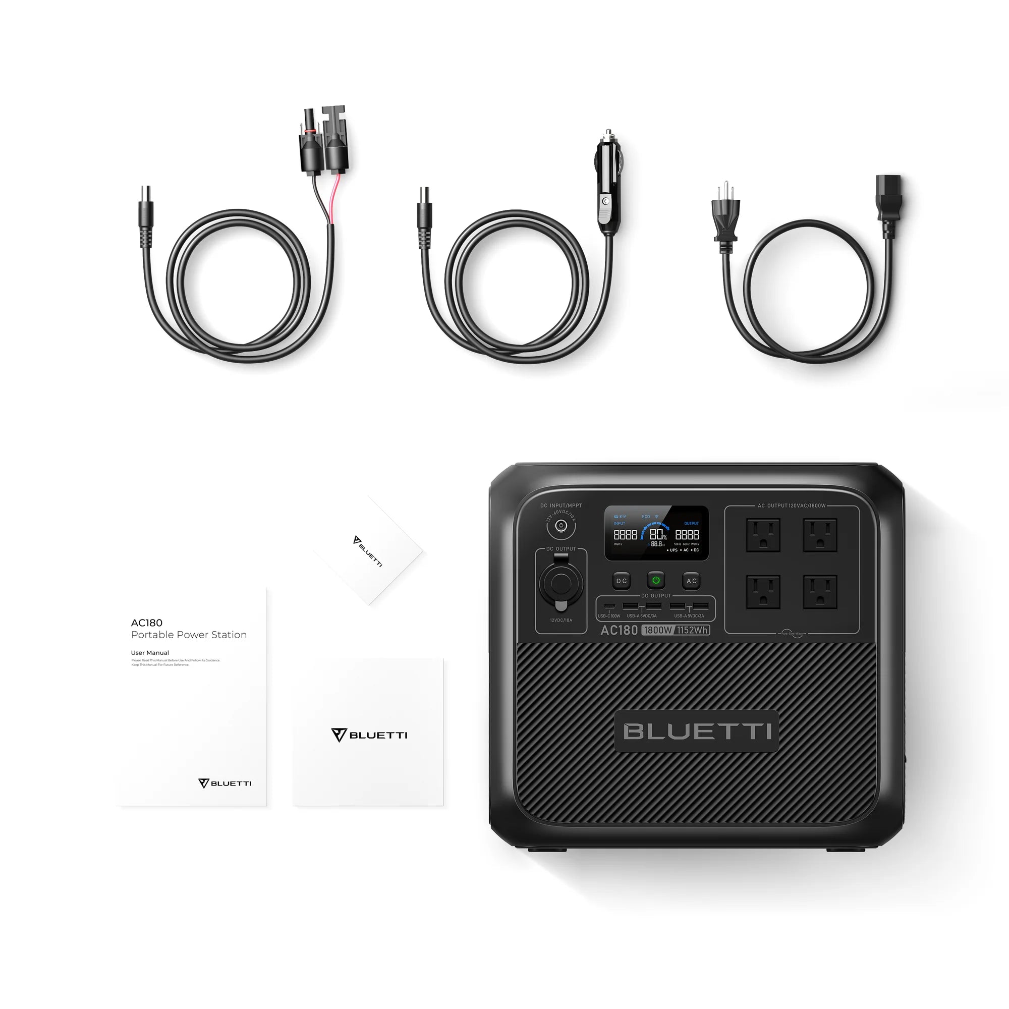 The Bluetti AC180P Portable Power Station features a digital display, multiple outlets, and includes various power cables and adapters. With Bluetti branding and documentation, it is an ideal portable power source.