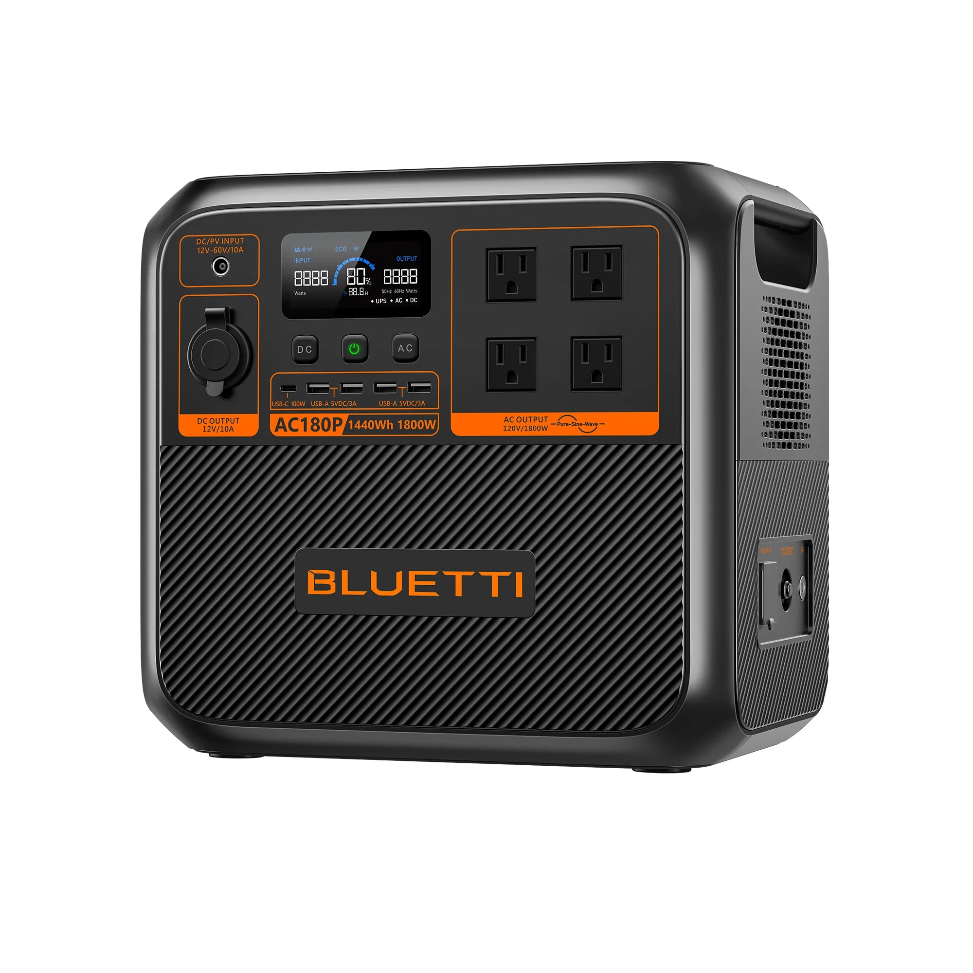 The Bluetti AC180P portable power station, featuring a digital display and four AC outlets, has a black design with orange accents. The front panel includes control buttons and numerous ports, all clearly labeled for user-friendly operation.