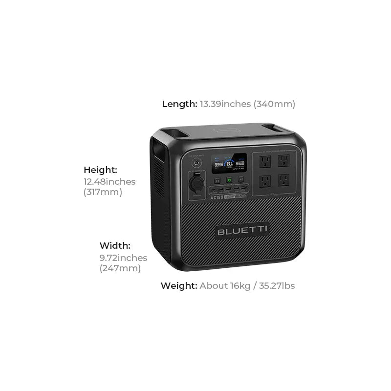 The Bluetti AC180P portable power station boasts a compact yet powerful design with dimensions of 13.39" x 12.48" x 9.72". Weighing around 16kg (35.27lbs), this dependable power source prominently features the Bluetti brand on its front panel.