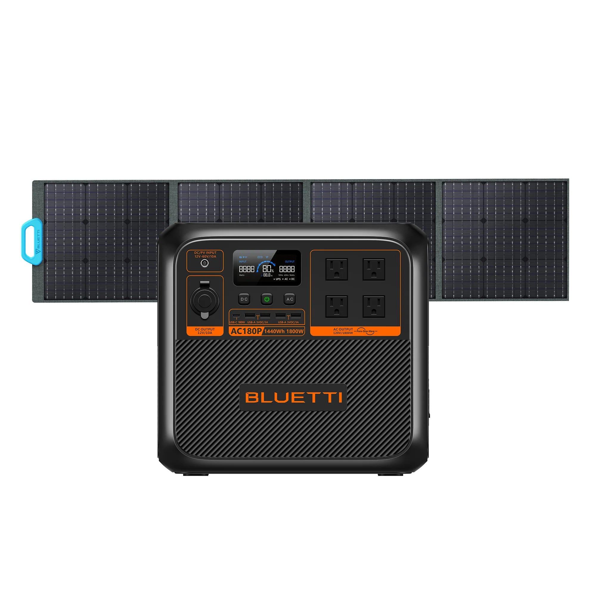 The Bluetti AC180P portable solar generator, in black and orange, showcases its brand on the front. It includes control buttons, digital displays, and many power outlets. A nearby unfolded solar panel with a handle highlights Bluetti's cutting-edge portable power solutions.