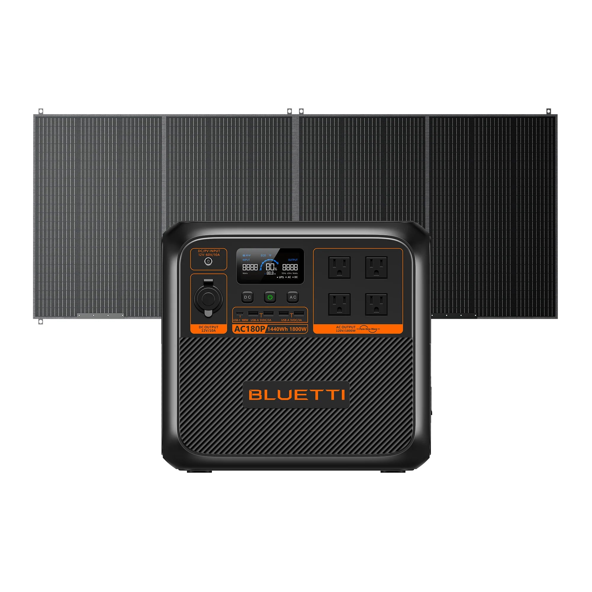 A Bluetti AC180P portable power station with multiple output sockets and digital displays stands in front of four foldable solar panels, each featuring a unique grid-like texture.