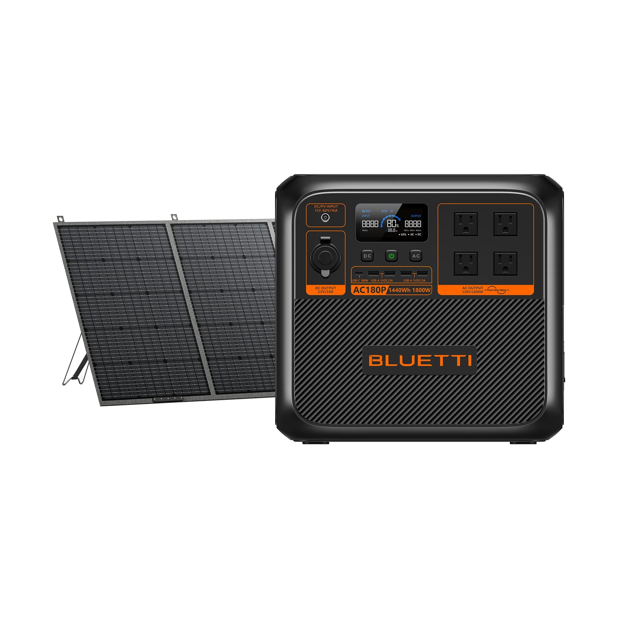 The Bluetti AC180P, a sleek solar generator in black and orange, comes with a foldable solar panel. It offers multiple power outlets and displays, making it an ideal portable power station for all your needs.