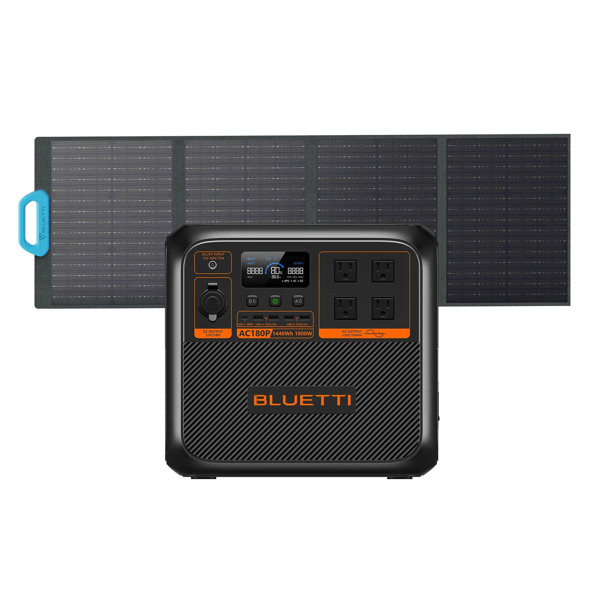 The Bluetti AC180P is a portable power station with solar panel compatibility, offering multiple outlets, a display screen, and control buttons for convenience. It integrates seamlessly with the unfolded solar panel for efficient energy capture on the go.