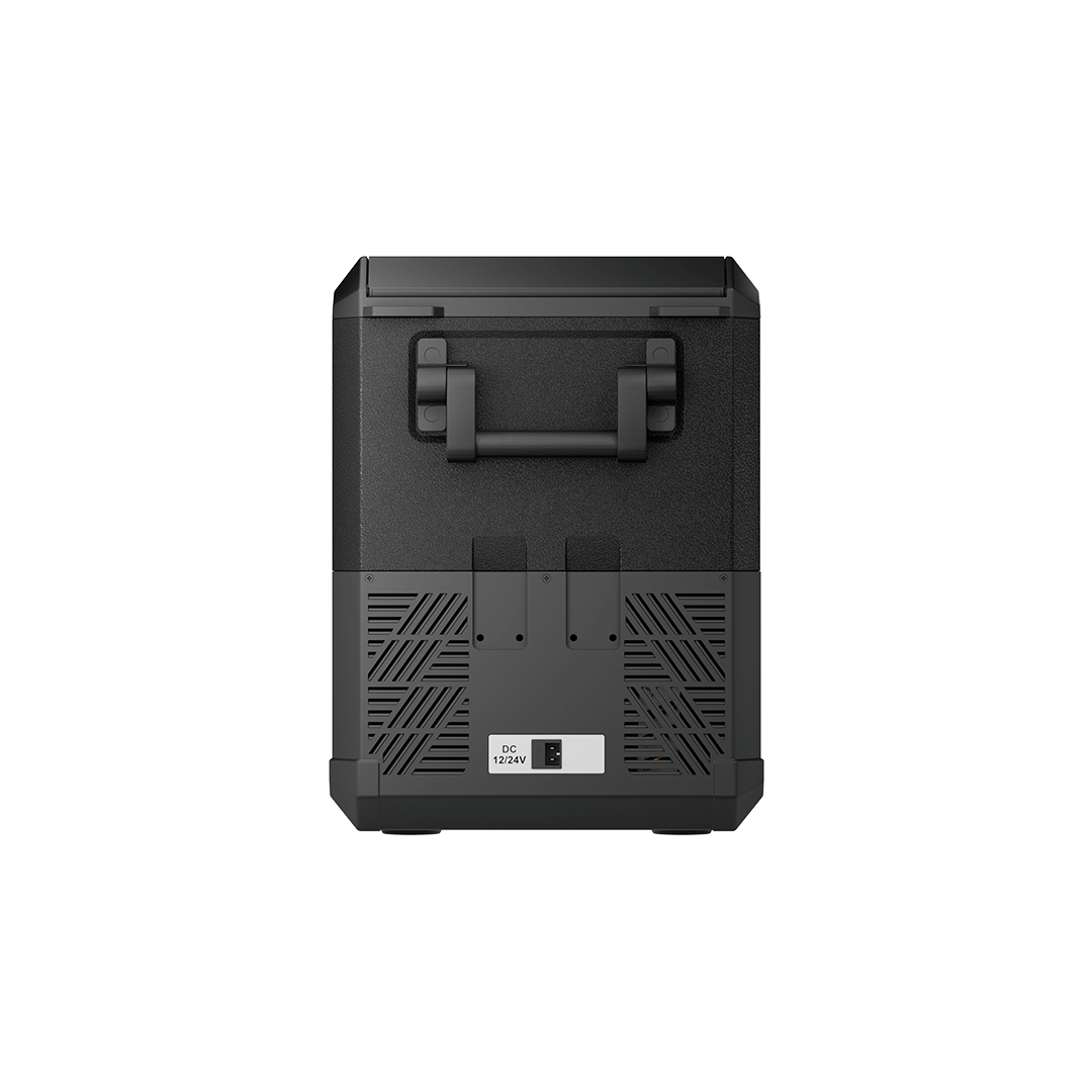 The BougeRV portable refrigerator is a black electronic device with a rectangular shape and a handle on the front. It includes air vents and a DC 12/24V input port below the handle, offering a 43QT capacity with dual-zone cooling. The unit is showcased against a white background.
