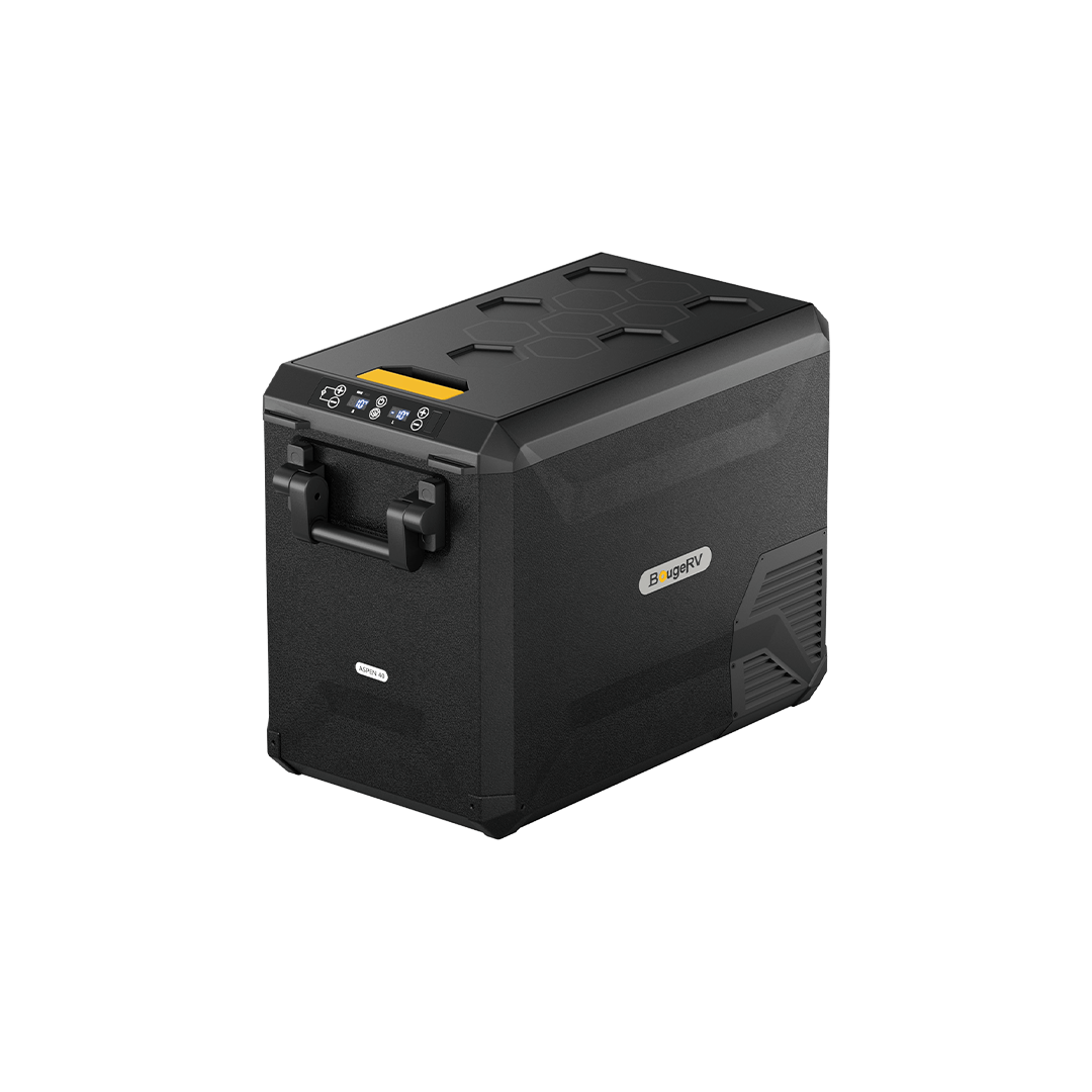 The BougeRV black portable refrigerator features a 43QT capacity, complete with a digital display and a handle on the front. Its dual-zone cooling system provides optimal temperature control. The top is adorned with a honeycomb pattern, and the side displays the BougeRV logo, completing its compact, box-shaped design.