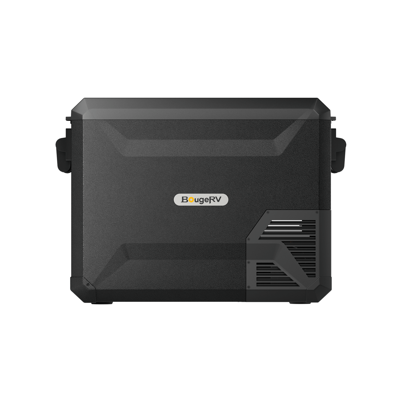 The image showcases a BougeRV portable refrigerator in black, featuring Dual-Zone Cooling and offering a 43-quart capacity. It has a rectangular design with a vent located on the lower right side, the brand logo prominently displayed on the front panel, and sturdy handles on each side to facilitate easy transport.