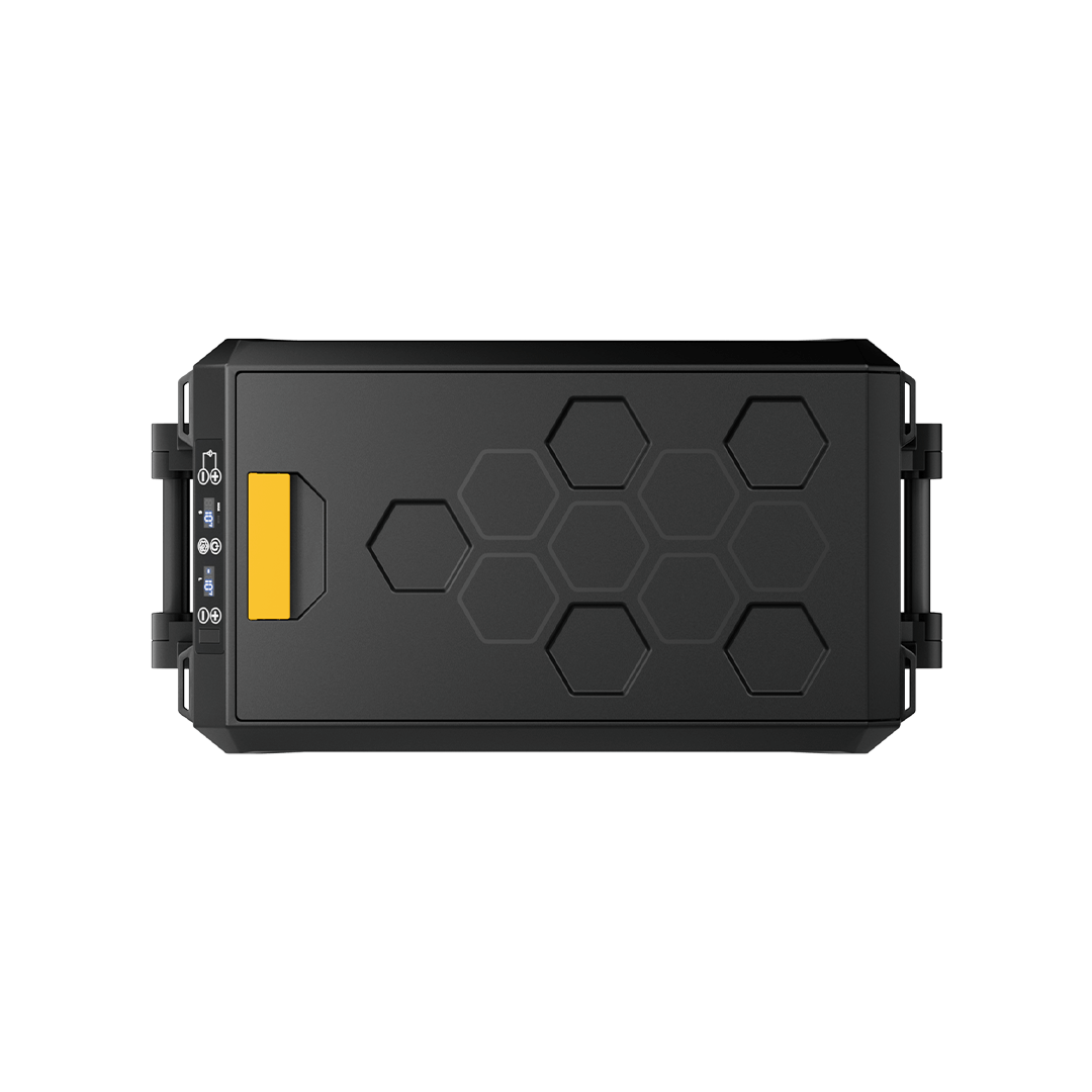 Displayed is a product from BougeRV: a black rectangular device with a hexagonal pattern on the surface. It incorporates a yellow detail on the left side and has ports for connectivity on the right, indicating it's technical equipment. Designed with dual-zone cooling, this portable refrigerator has a 43QT capacity, making it ideal for various uses.