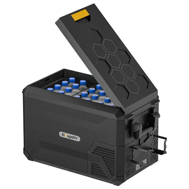 The BougeRV portable refrigerator with an IceDrive™ system is shown with its lid open, displaying several water bottles inside. It features a sleek black exterior with a hexagonal patterned lid and has a conveniently attached power cord on the side for easy use.