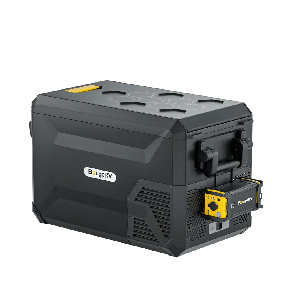A black BougeRV portable freezer with a branded logo and control panel on the front, featuring an IceDrive™ system for efficient cooling. It has a handle on the side and a pattern on the lid. The compact design suggests it is suitable for travel and outdoor use.