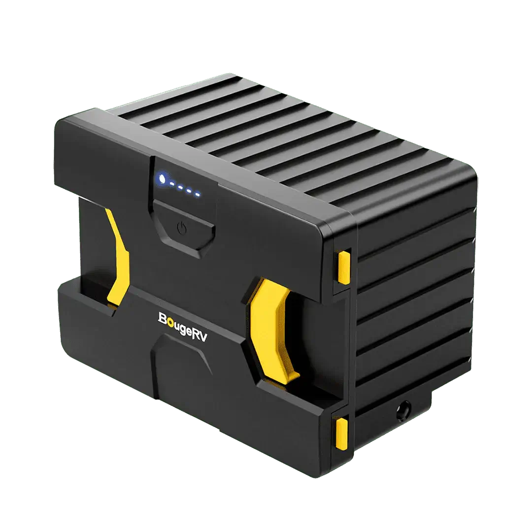 The detachable battery from BougeRV enhances the convenience of the black portable power station featuring yellow accents and a ribbed design. Its top panel includes five blue indicator lights and a power button, with "BougeRV" prominently displayed on the side, contributing to the sleek look of this wireless power supply.