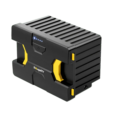 The detachable battery from BougeRV enhances the convenience of the black portable power station featuring yellow accents and a ribbed design. Its top panel includes five blue indicator lights and a power button, with "BougeRV" prominently displayed on the side, contributing to the sleek look of this wireless power supply.