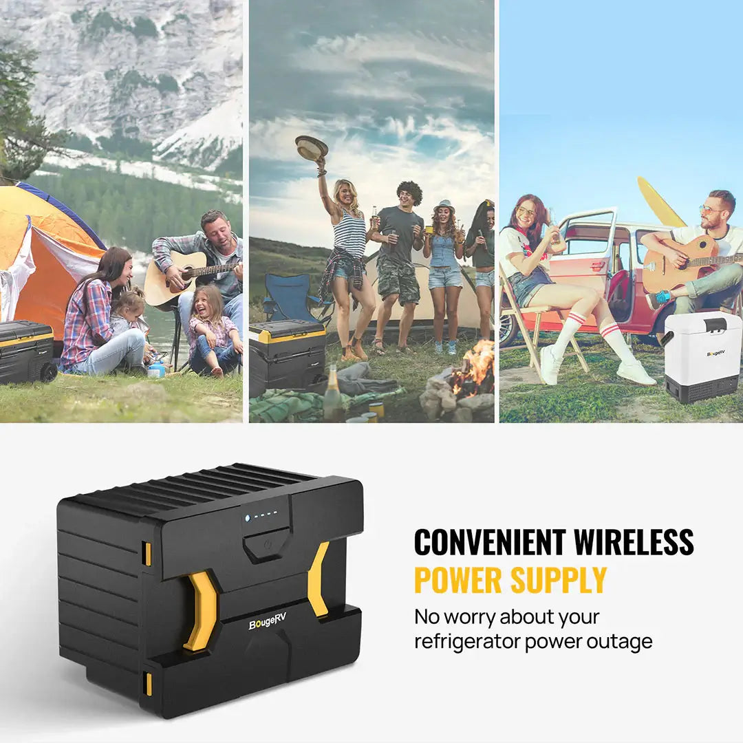 In a collage image, campers enjoy their outdoor adventure with portable power supplies. One group plays guitar by a tent, another dances around a campfire, and a third relaxes beside their car. Overlay text reads: "Experience Uninterrupted Power Anywhere with BougeRV's Detachable Battery - Keep your Dual-Zone Portable Fridge running worry-free.