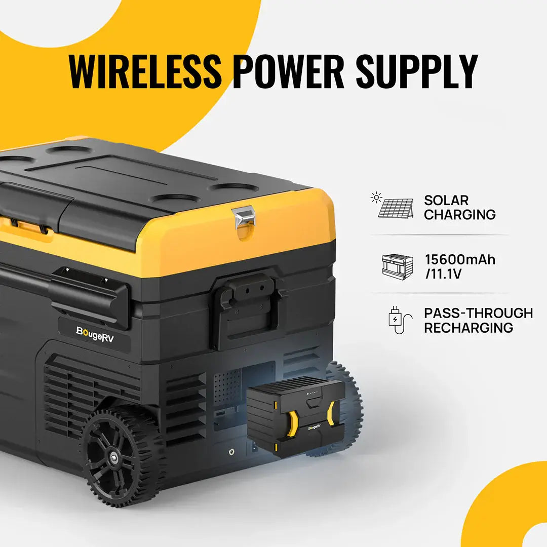 Image of the BougeRV Detachable Battery showcasing its vibrant yellow and black design. It offers solar charging capabilities, a 15600mAh capacity, and allows for pass-through recharging. The unit is designed with wheels and a carrying handle, set against a contrasting yellow and white background. Ideal for providing portable power to your Dual-Zone Portable Fridge while traveling.