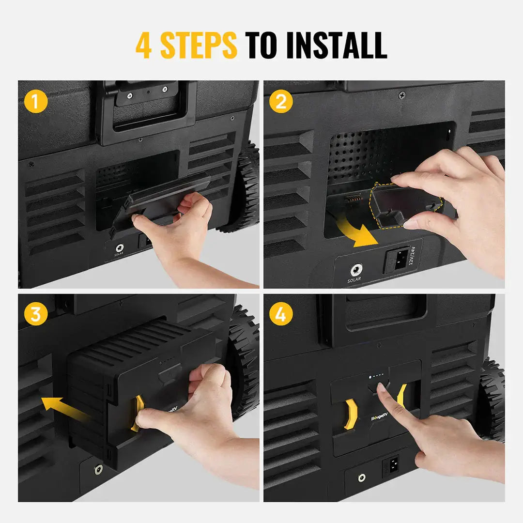 Title: 4 Simple Steps for Installing Your BougeRV Detachable Battery
Step 1: Lift the latch.  
Step 2: Use both hands to remove the battery.  
Step 3: Carefully insert the battery back into its position.  
Step 4: Press the button on the Wireless Power Supply.  
Follow these steps as outlined by BougeRV to ensure a smooth installation process.