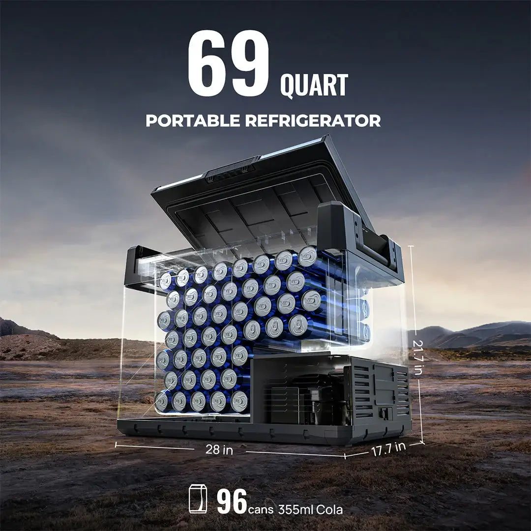 The BougeRV Rocky 69QT portable fridge is displayed outdoors, open and packed with 96 cans of 355ml soda to highlight its remarkable space. Measuring 28 inches in width, 17.7 inches in depth, and 21.7 inches in height, it’s ideal for your excursions.