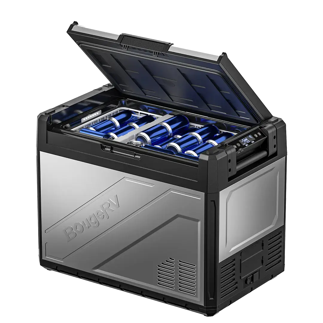 The BougeRV Rocky 69QT portable fridge boasts a sleek metallic finish and contemporary angular design. Its lid opens to expose aluminum cans, while the digital display enhances its sophistication. The dual zone fridge interior guarantees optimal cooling for all your beverages.