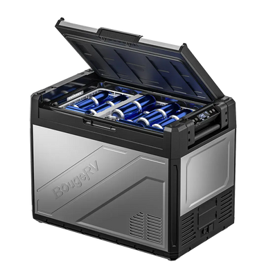 The BougeRV Rocky 69QT portable fridge boasts a sleek metallic finish and contemporary angular design. Its lid opens to expose aluminum cans, while the digital display enhances its sophistication. The dual zone fridge interior guarantees optimal cooling for all your beverages.