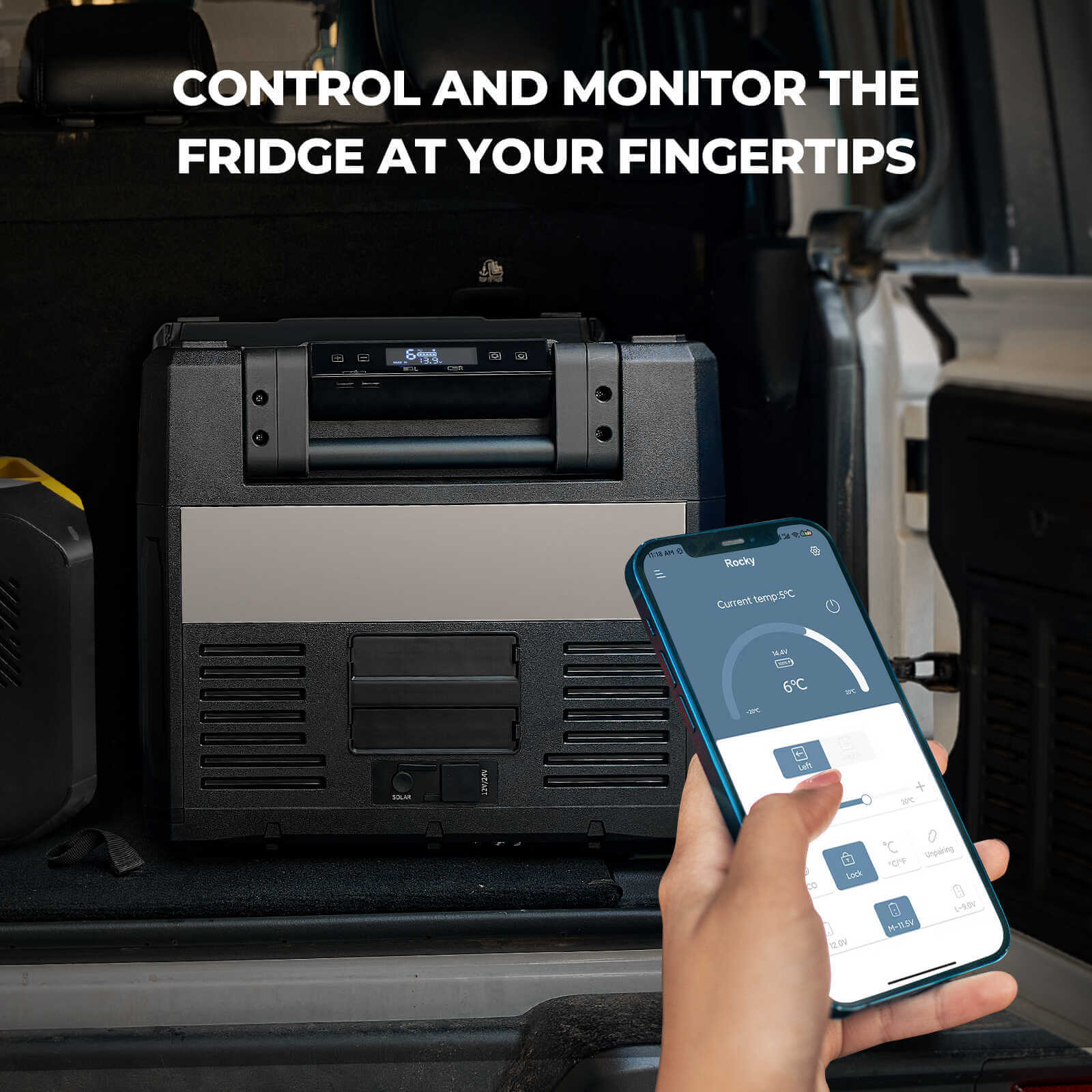 A person is seen holding a smartphone with an app interface that manages the BougeRV portable fridge (Rocky 69QT model), situated in the back of a vehicle. The text above states, "Control and Monitor the Fridge at Your Fingertips.