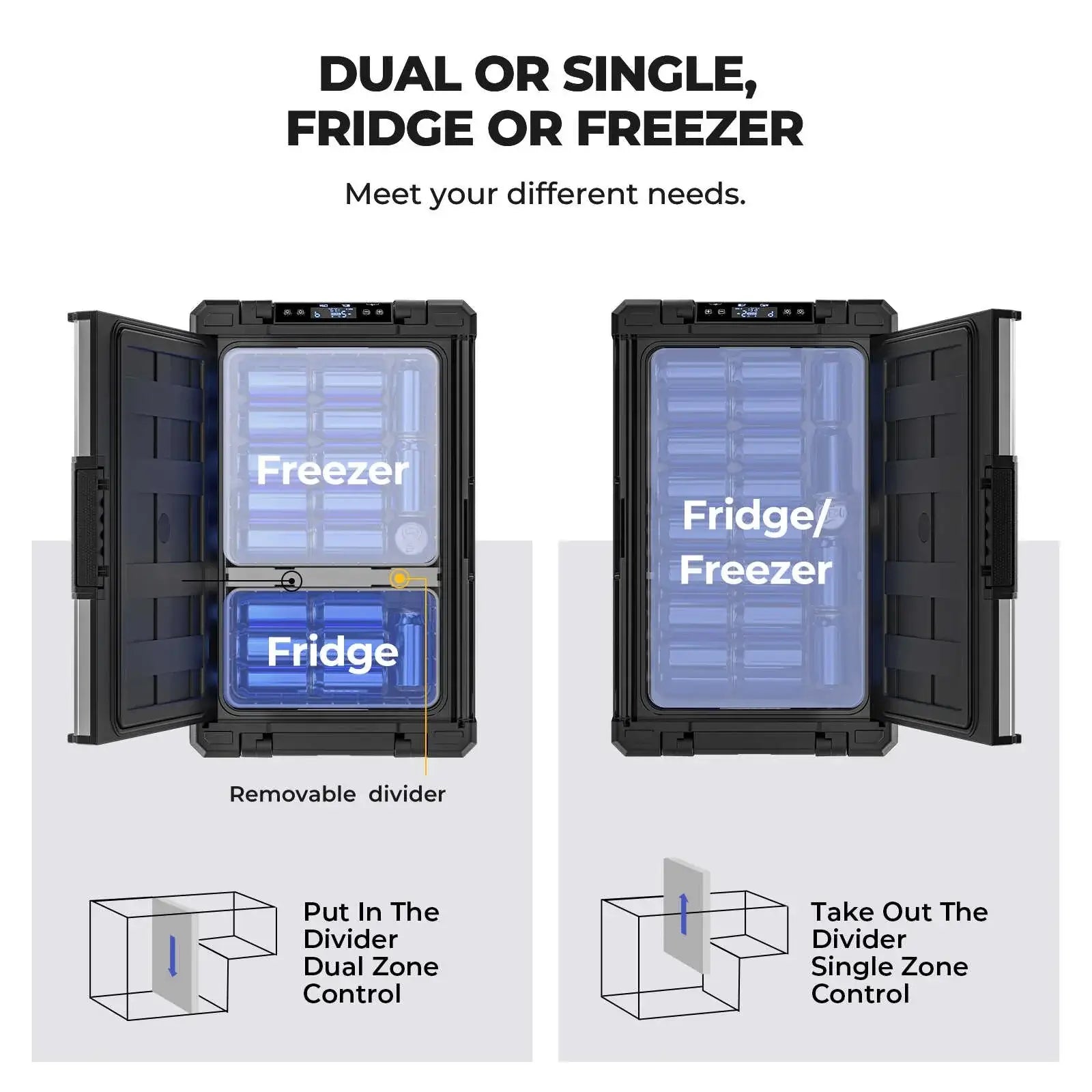 The BougeRV Rocky 69QT Portable Fridge offers two smart setup options. On the left side, it includes a Dual Zone setup with a removable partition to distinguish between freezer and fridge areas. Meanwhile, on the right side, you can take out the divider for an expansive single zone, allowing flexible temperature management.