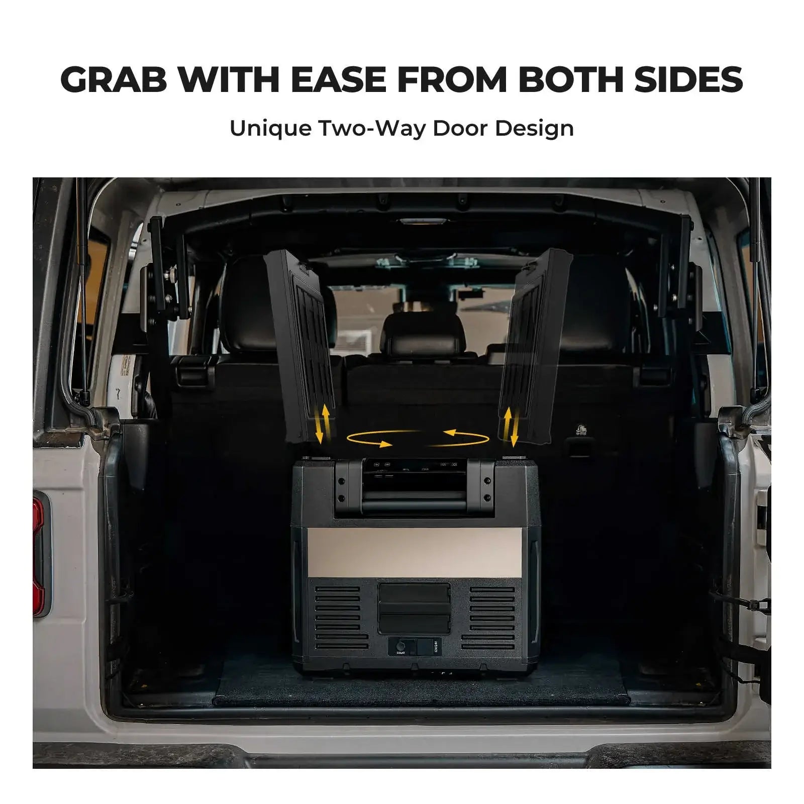 A vehicle with an open rear hatch displays the BougeRV Rocky 69QT, a portable fridge that boasts a distinctive two-way door design. Yellow arrows emphasize its dual access feature, allowing you to easily retrieve items from either side.