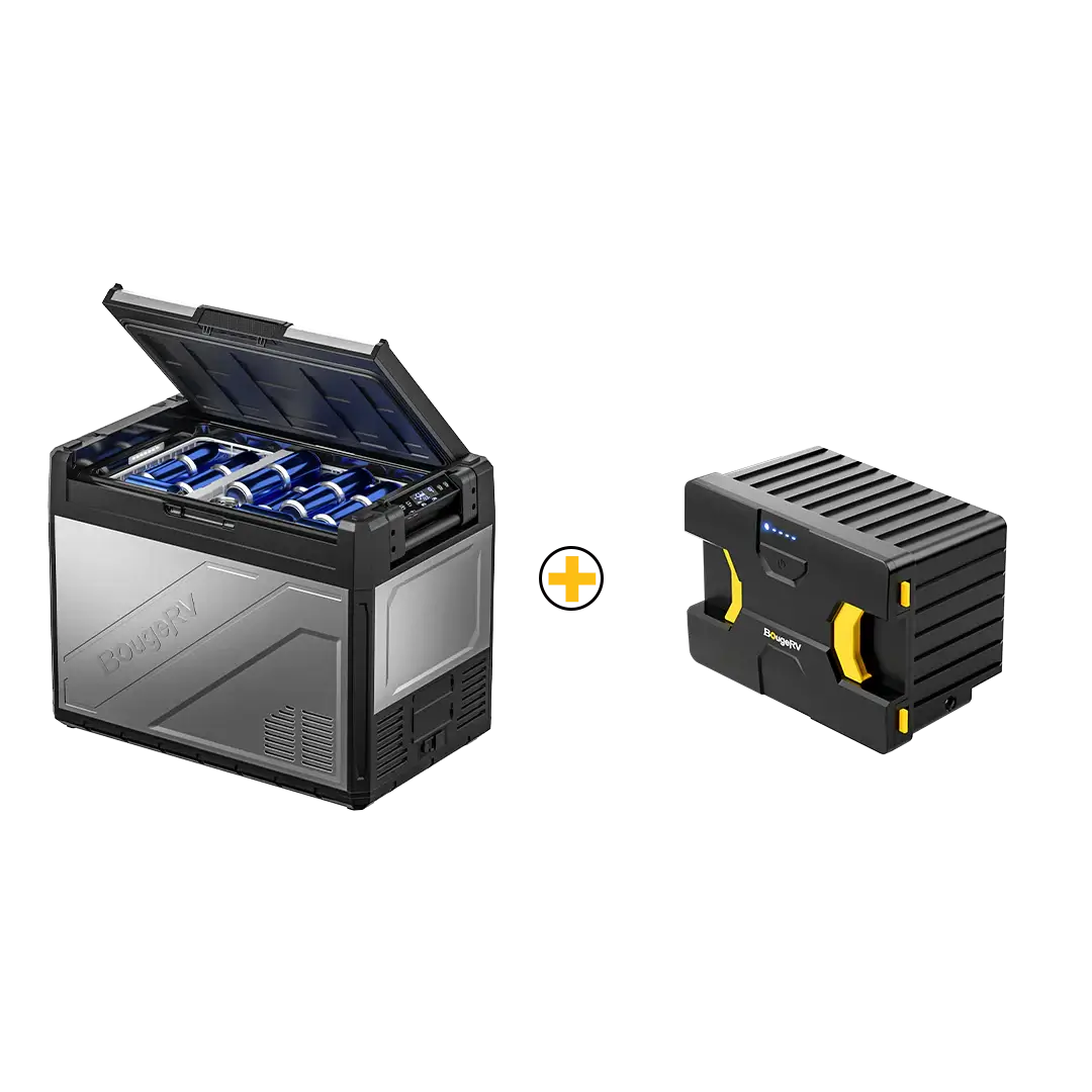 A BougeRV portable power station with an open lid reveals its cylindrical battery cells, while next to it is a smaller module designed for stacking, featuring yellow accents and a connecting plus symbol. It's the perfect companion for the BougeRV Rocky 69QT Dual Zone Fridge, guaranteeing that your adventures remain both powered and chilled.