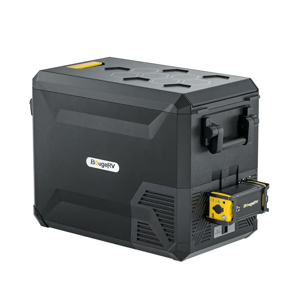 The BougeRV portable refrigerator, available in black and gray, offers a 43QT capacity and includes a handle along with a compact yellow control panel situated on the side. Its durable design is characterized by visible vents, corner reinforcements, and dual-zone cooling to ensure maximum efficiency.
