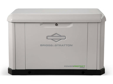 This image showcases a Briggs & Stratton 22kW Standby Generator in white. The company's logo is prominently featured, with "PowerProtect" inscribed on the lower right corner. This stationary unit is expertly crafted to deliver dependable backup power whenever necessary.