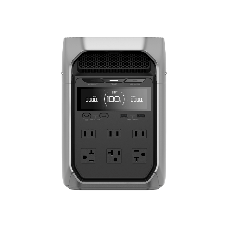 The EcoFlow DELTA 3 Plus is a sleek, portable power station in black and gray, featuring a clear LCD screen that displays the battery percentage. It is equipped with fast charging capabilities and includes multiple AC outlets and USB ports on the front panel for versatile use.
