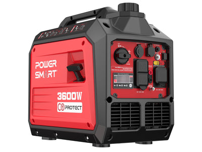 The PowerSmart portable generator delivers 3600W, features a red and black design, multiple outlets and switches on the control panel, quiet operation, a top handle for portability, and bottom ventilation grilles for cooling.