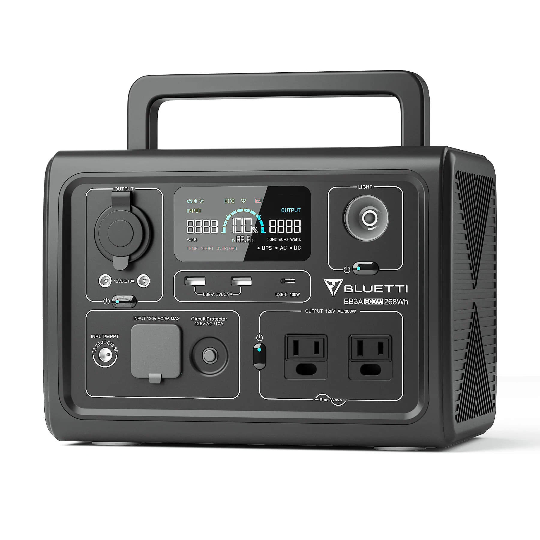 The Bluetti EB3A is a stylish black portable power station perfect for camping, featuring a digital display, multiple charge ports (AC outlets, USB ports, car socket), and a convenient carry handle. Ideal for off-grid living enthusiasts with various buttons and indicators enhancing its design.