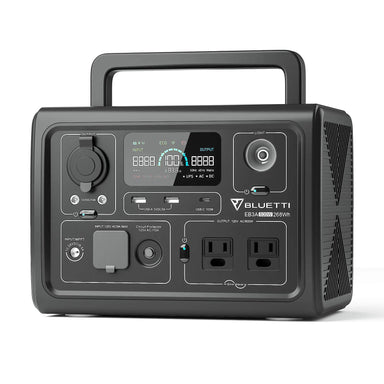 The Bluetti EB3A is a stylish black portable power station perfect for camping, featuring a digital display, multiple charge ports (AC outlets, USB ports, car socket), and a convenient carry handle. Ideal for off-grid living enthusiasts with various buttons and indicators enhancing its design.