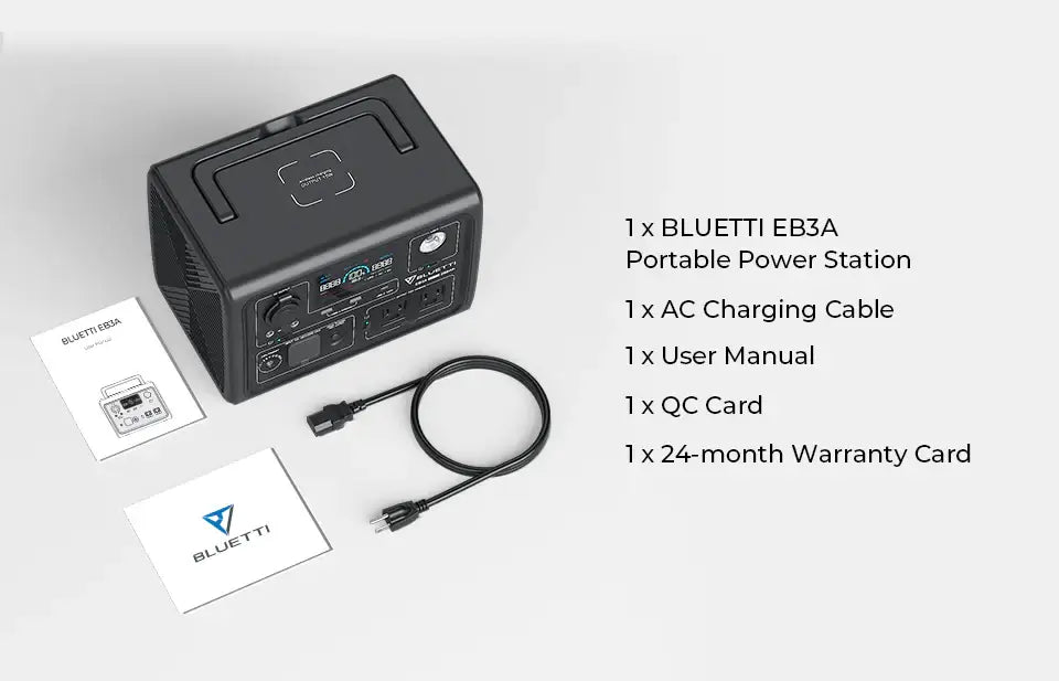 A BLUETTI EB3A power supply is shown with an AC charging cable, user manual, QC card, and a 24-month warranty on a neutral background, detailing these essentials for off-grid living.