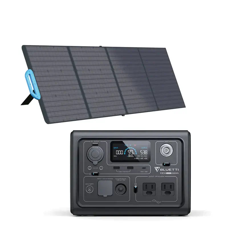 The Bluetti camping power supply is a portable solar panel and power station with a sturdy stand and handle. It includes multiple outlets, a digital display showing 93% charge, input/output settings, assorted ports, and buttons—ideal for off-grid living adventures.