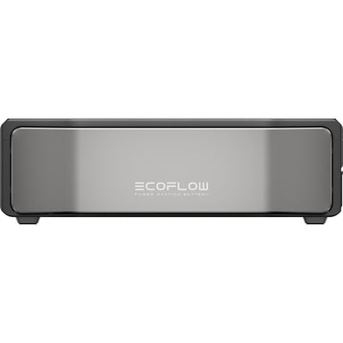 Front view of the EcoFlow power station battery. The device sports a sleek, rectangular design with a metallic front panel that showcases the EcoFlow logo and displays "Power Station Battery." It’s the ultimate power solution with expandable capacity to meet all your energy needs.