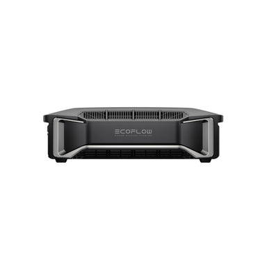 The EcoFlow DELTA Pro power station features a sleek, rectangular design in black. The front panel shows the EcoFlow logo, while ventilation grilles and sturdy side handles enhance its energy efficiency and performance.