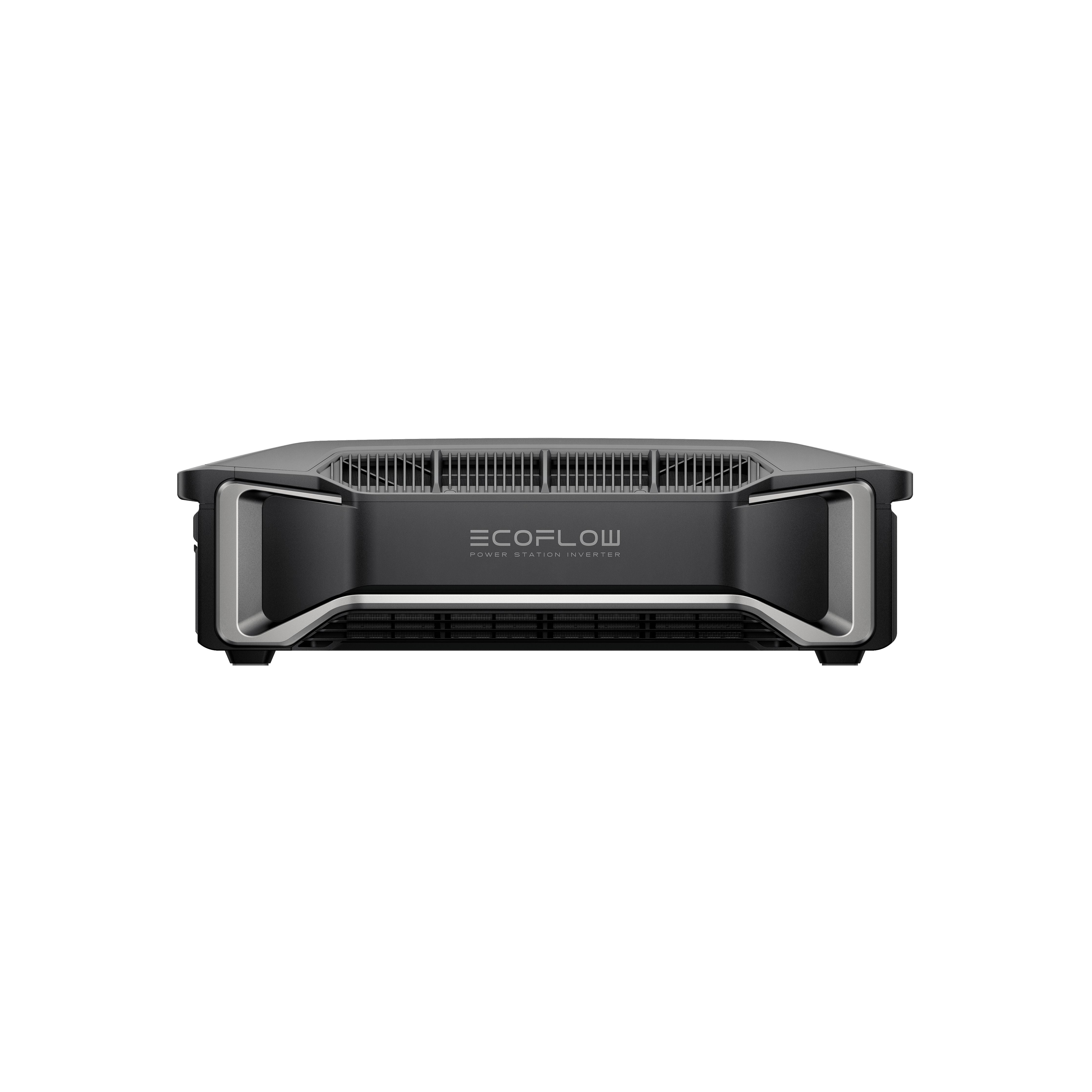 The EcoFlow DELTA Pro power station features a sleek, rectangular design in black. The front panel shows the EcoFlow logo, while ventilation grilles and sturdy side handles enhance its energy efficiency and performance.