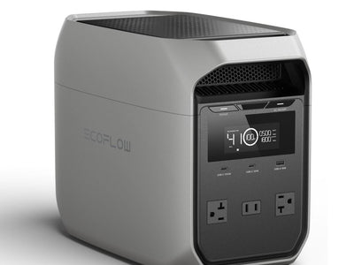 A compact gray EcoFlow DELTA 3 CLASSIC portable power station featuring fast charging, an LCD display, multiple buttons, two AC outlets, and two USB ports on the front panel.