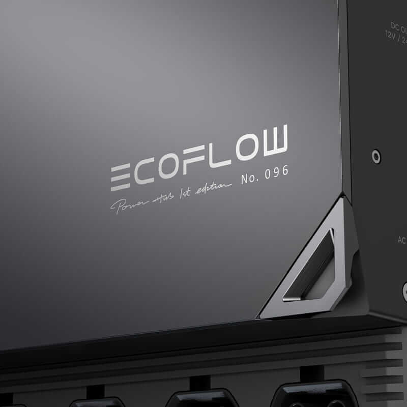 A close-up of a black EcoFlow device displays the branding: "ECOFLOW, Power that's lit edition, No. 096." Featuring angular lines and a metallic finish, it serves as the ultimate plug-and-play system and RV power solution in a sleek package.