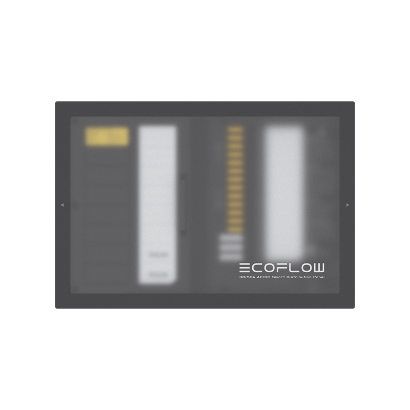 EcoFlow's rectangular digital display, featuring a blurred interface and brand logo at the bottom right, is seamlessly integrated into a sleek black frame, showcasing its plug-and-play power solution capabilities.