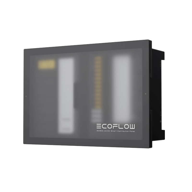 A wall-mounted rectangular smart control panel with a blurred digital display and sleek black frame showcases the "EcoFlow" logo at the bottom right. This plug-and-play power solution is part of the EcoFlow Power Kits for efficient home automation or RV air conditioner management.