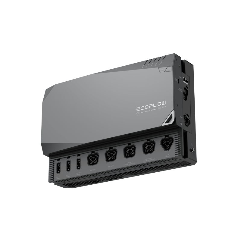 The EcoFlow Power Kits charging station, a sleek rectangular device in gray, offers a plug-and-play system with multiple outlets and connectors on its underside and side. The top panel bears the "EcoFlow" brand name, making it a modern design perfect for an RV power solution.