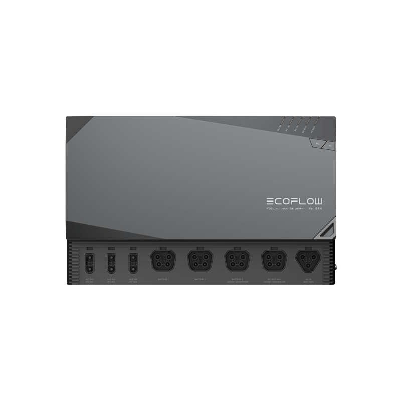 The EcoFlow power management device, with its sleek rectangular design and dark gray exterior, offers plug-and-play convenience ideal for RVs. Featuring multiple outlets, including standard sockets and USB ports in a row, it seamlessly meets diverse energy needs.