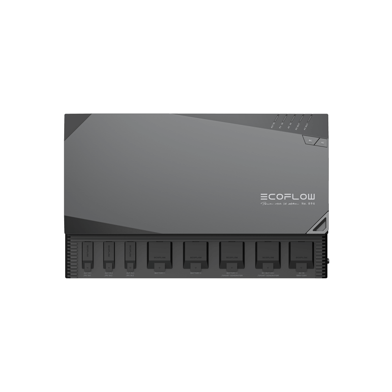 The image displays an EcoFlow backup lithium-ion battery in gray, featuring black front ports and LED indicators, perfect for RV power. It has a rectangular shape, smooth finish, and showcases the EcoFlow logo and model info on top as part of its plug-and-play design.