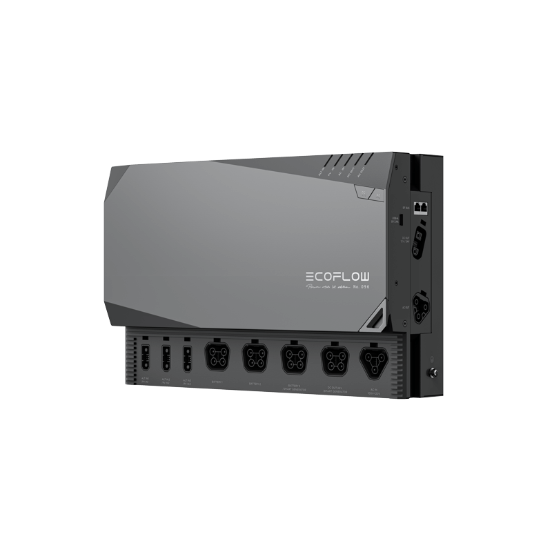 The EcoFlow power device is an ideal RV solution with its sleek, rectangular design. It features a logo on the front panel, multiple connection ports for a plug-and-play setup, and is dark gray. Its angular design supports easy wall mounting.