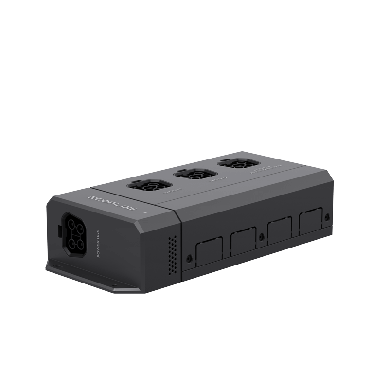 A black rectangular power adapter with top sockets and a side input port, featuring a minimalist design similar to EcoFlow Power Kits. Vent-like side details and "SC2OB" on the top add to its sleekness, offering a plug-and-play power solution.