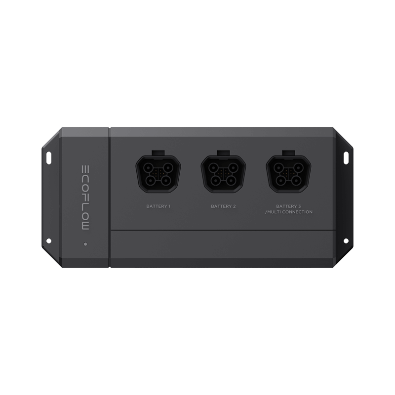 The EcoFlow Power Kits black charging station, sleekly branded on the left side, includes three plug-and-play ports—"Battery 1," "Battery 2," and "Battery 3 / Multi Connection." It is ideal for RV air conditioners and comes with mounting brackets.