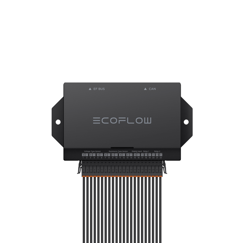 The sleek black EcoFlow device, from the EcoFlow Power Kits, features vertically organized cables and ports labeled EF Bus and CAN. It's an ideal plug-and-play power solution for streamlining RV air conditioners.