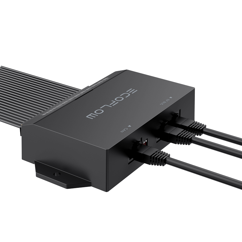A black rectangular EcoFlow electronic device labeled "ECOPLOW," similar to EcoFlow Power Kits, has a heatsink and mounting brackets. It's a plug-and-play power solution for RV air conditioners with ports "A" and "B" connected by ribbed cables.