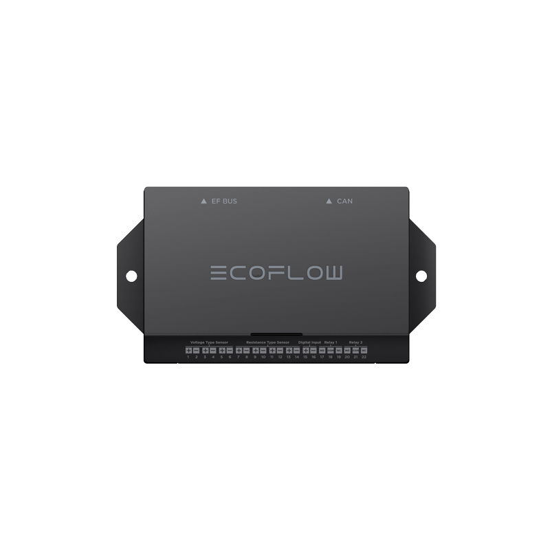 A black EcoFlow component from the EcoFlow Power Kits, labeled "EF Bus" on the left and "CAN" on the right, includes mounting brackets and a row of labeled connections along the bottom edge. It's an ideal plug-and-play power solution for integrating with RV air conditioners.