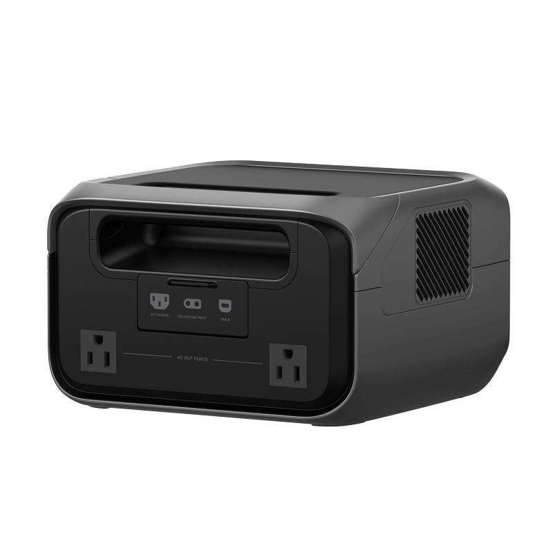 The EcoFlow RIVER 3 Max is a compact, black portable power station with two AC outlets, DC input, USB-C, and USB-A ports. It features an easy-carry handle and X-Boost technology for enhanced power efficiency.
